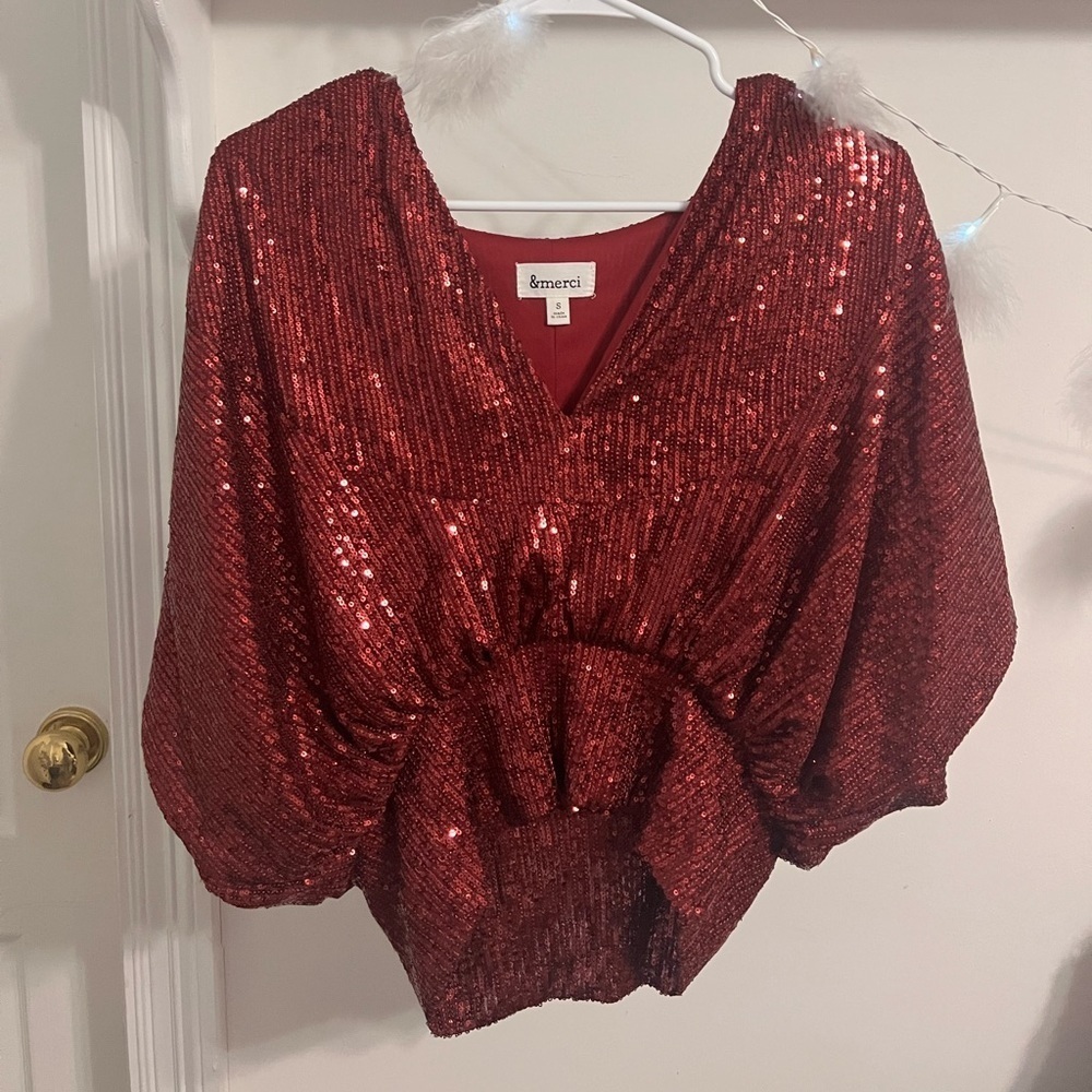 Anthropologie&Merci Burgundy Sequined Blouse